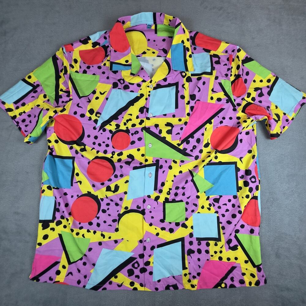 Retro 90s Style Button Up Shirt Mens 2XL Colorful Geometric Neon Festival Party